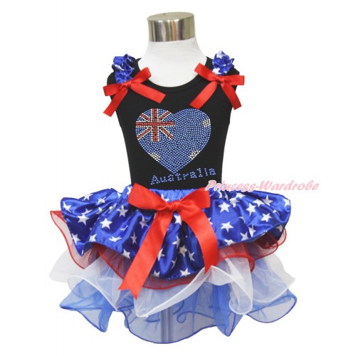 American's Birthday Black Baby Pettitop with Patriotic American Star Ruffles & Red Bow with Sparkle Crystal Bling Rhinestone Australia Heart Print with Red Bow Patriotic American Star Red White Blue Petal Newborn Pettiskirt NG1542